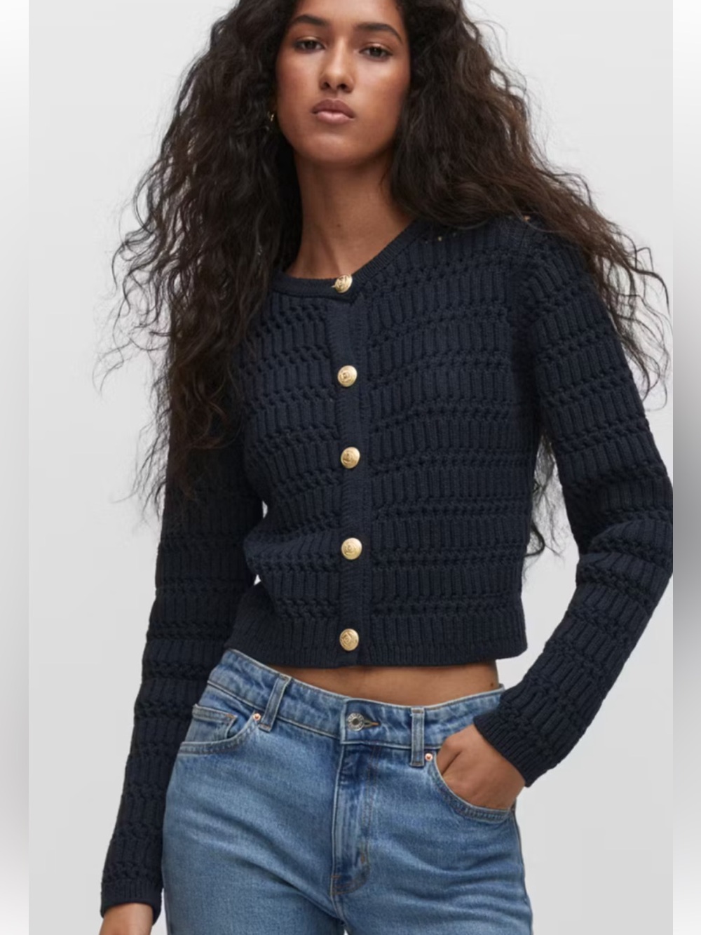 Mango Women’s Small Navy Blue Knit Cardigan Gold Button Sweater